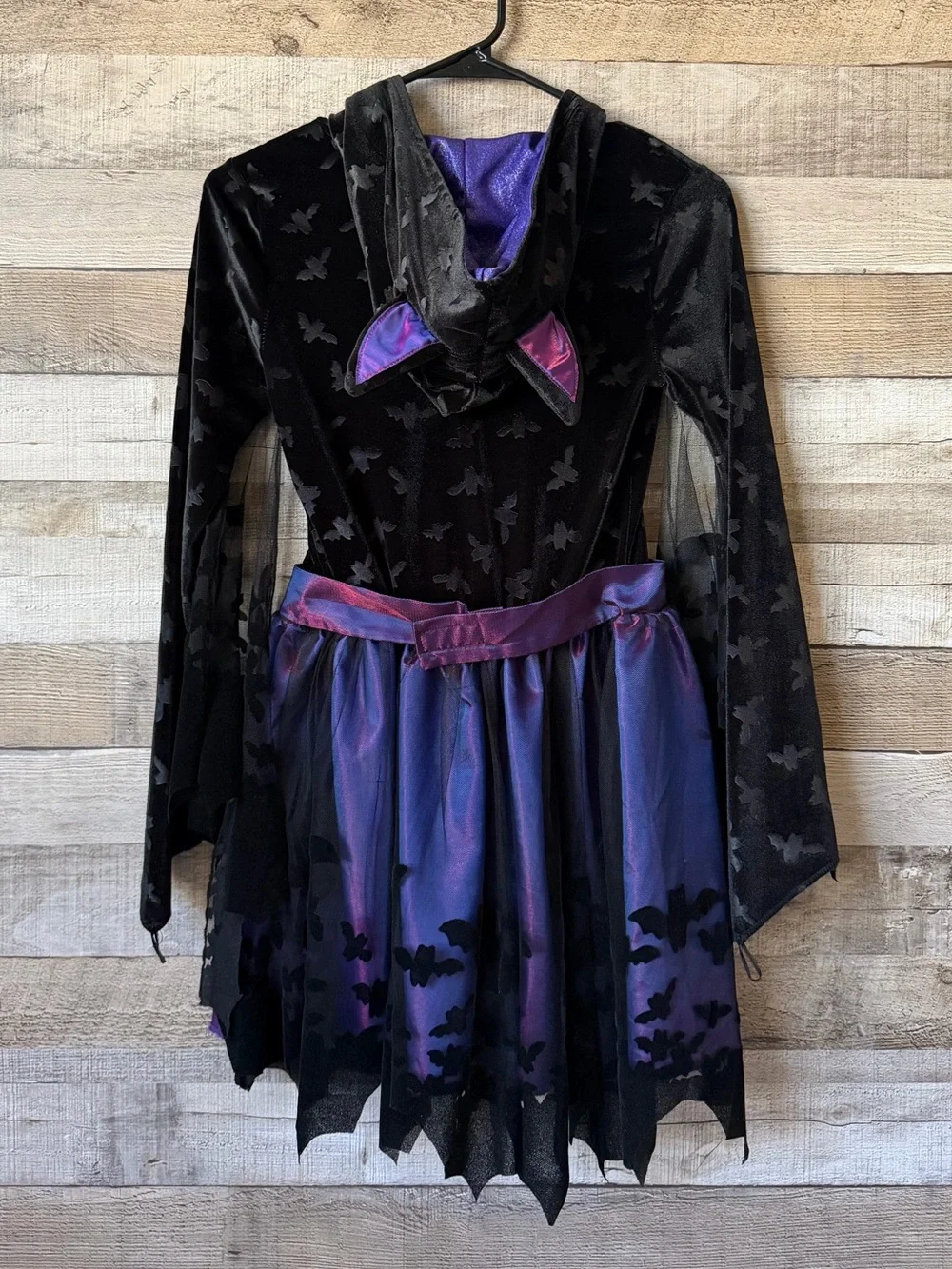 Spirit Halloween Girls Bat Costume Dress Hooded Purple Black Size Large 12-14